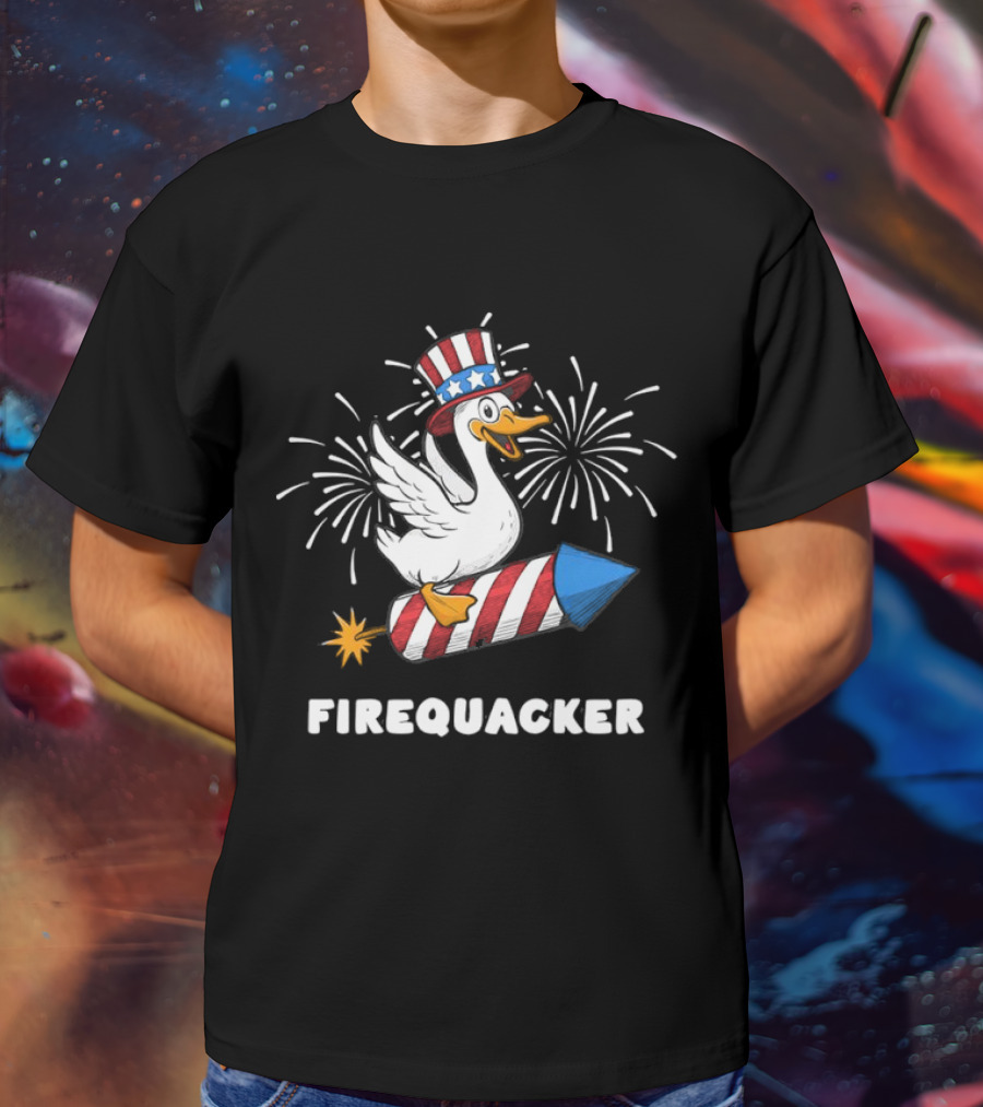Firequacker Patriotic Duck With Rocket And Fireworks T-Shirt
