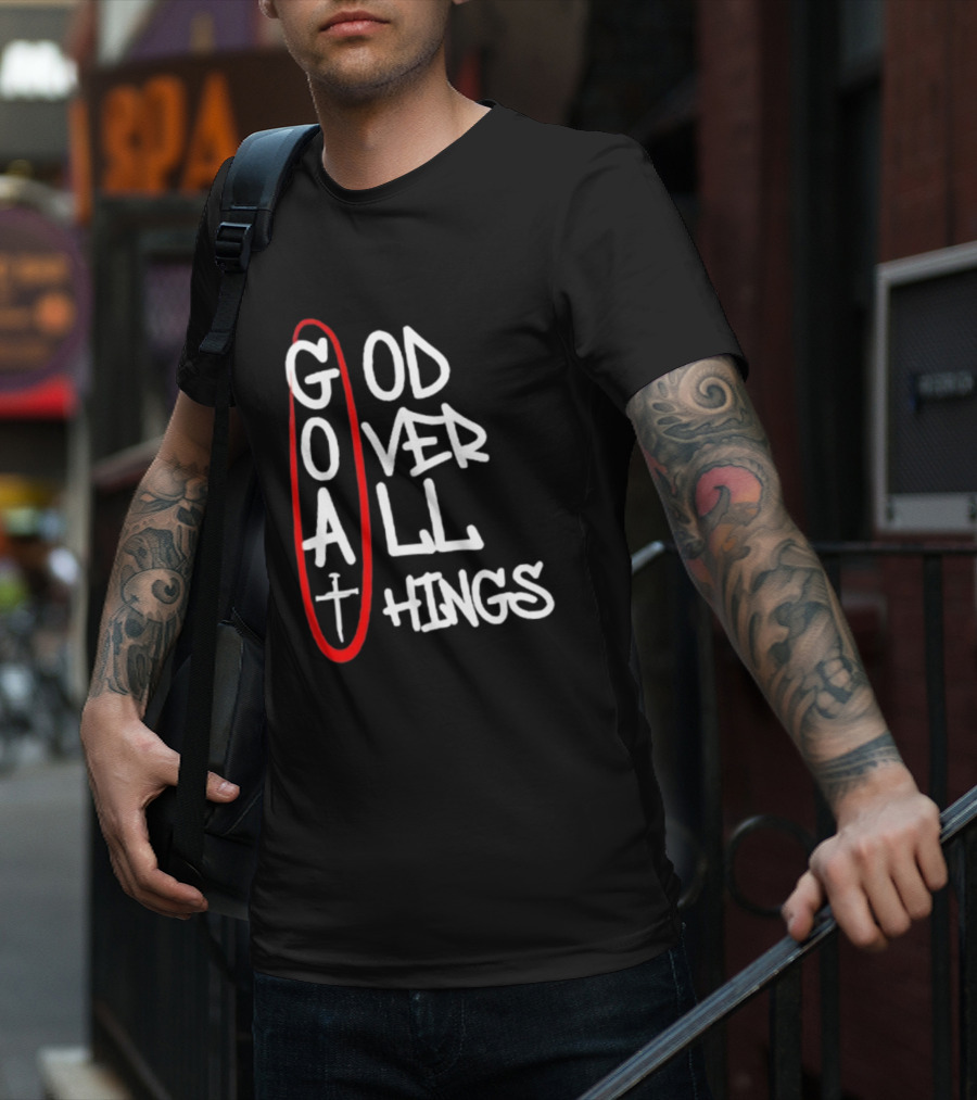 GOAT God Over All Things Sword Cross Graphic Red Oval T-Shirt