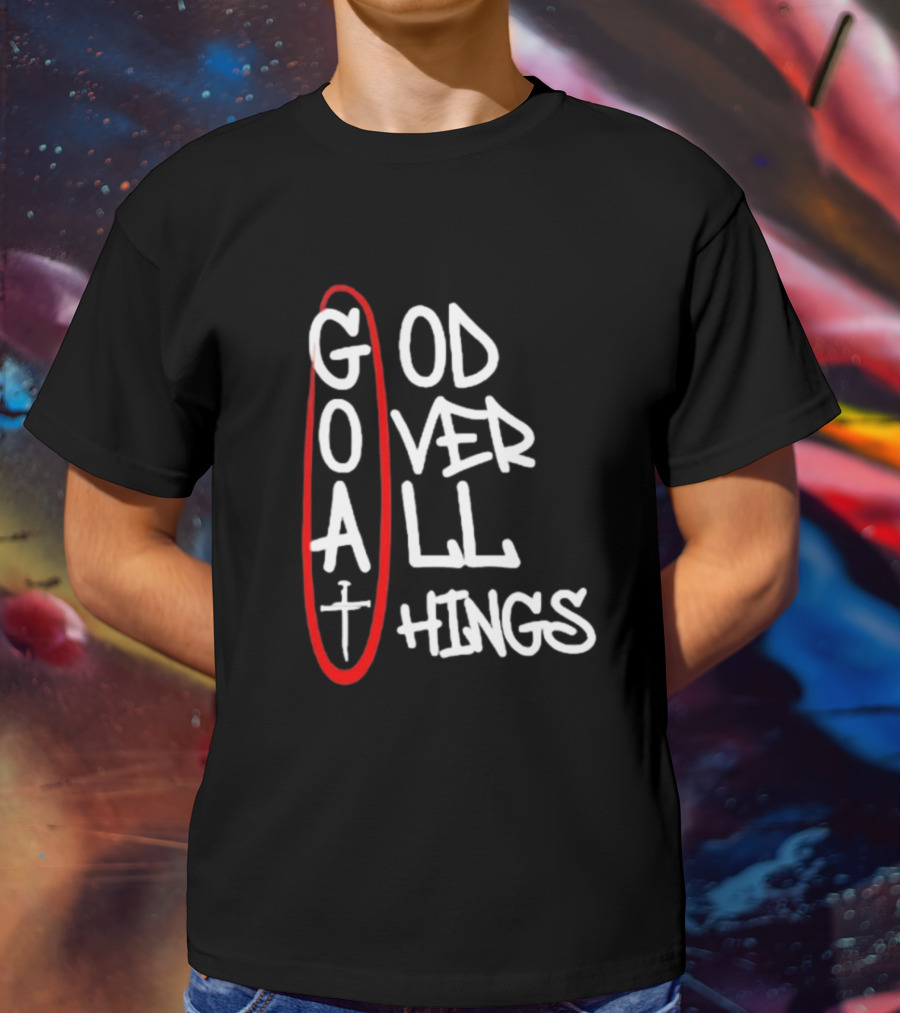 GOAT God Over All Things Sword Cross Graphic Red Oval T-Shirt