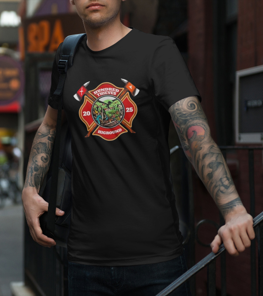 Hundred Thieves Higround 2025 Badge With Axes And Mountain Scene T-Shirt