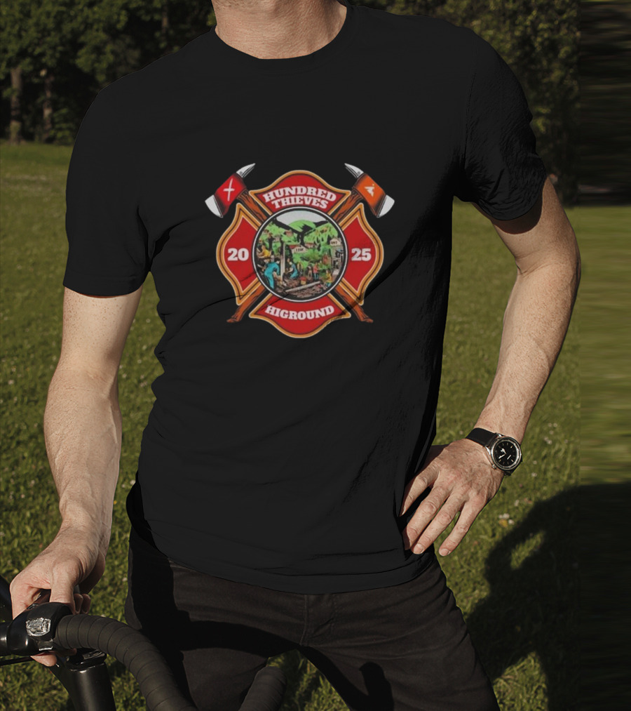 Hundred Thieves Higround 2025 Badge With Axes And Mountain Scene T-Shirt