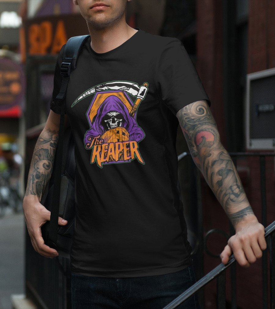 American Gothic Style Skull With Scythe Reaper Hooded Figure T-Shirt