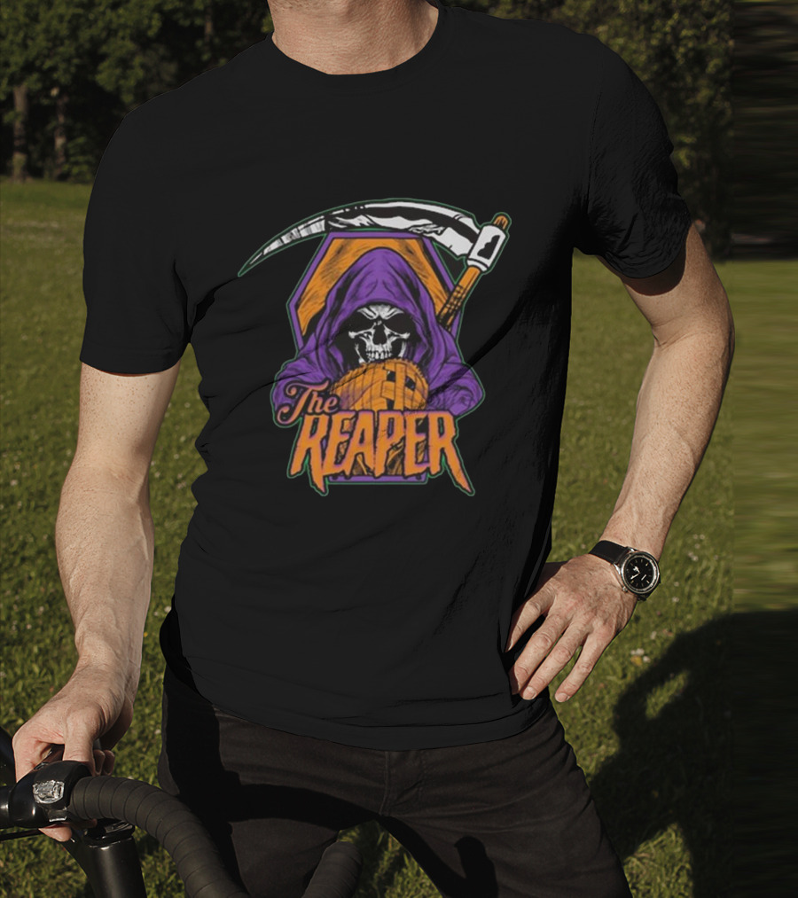 American Gothic Style Skull With Scythe Reaper Hooded Figure T-Shirt