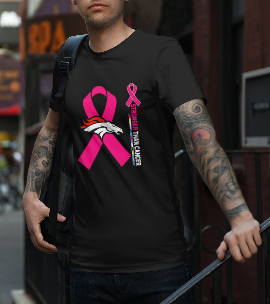 Denver Broncos Pink Ribbon Stronger Than Cancer Awareness T-Shirt