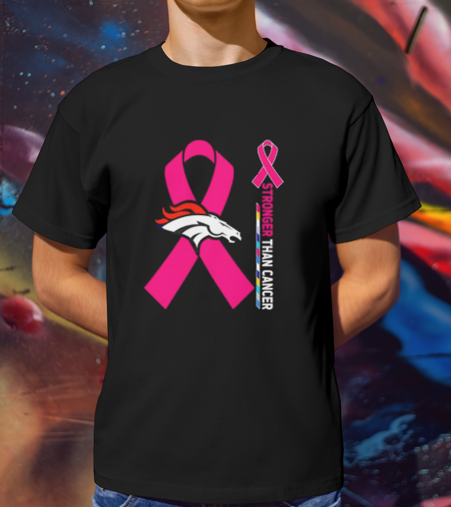 Denver Broncos Pink Ribbon Stronger Than Cancer Awareness T-Shirt
