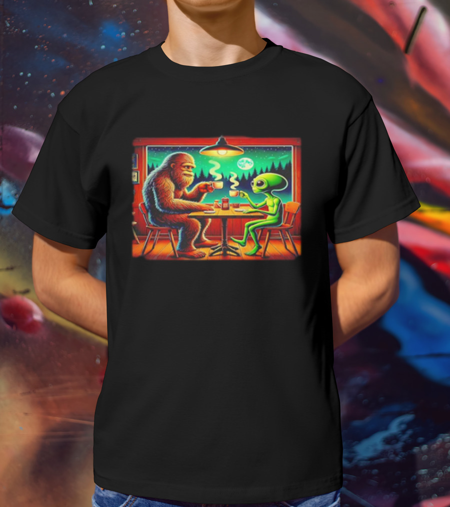 Bigfoot And Alien Coffee Meetup In Cabin At Night With Moonlit Forest T-Shirt