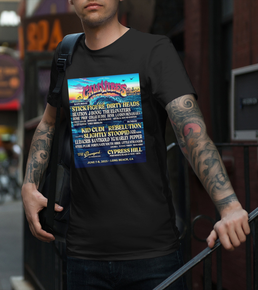 Cali Vibes June 7 8 2025 Long Beach CA Saturday Stick Figure Dirty Heads Sunday Kid Cudi Rebelution Slightly Stoopid T-Shirt