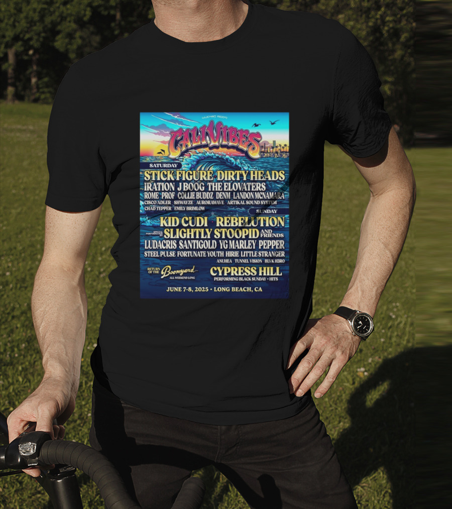 Cali Vibes June 7 8 2025 Long Beach CA Saturday Stick Figure Dirty Heads Sunday Kid Cudi Rebelution Slightly Stoopid T-Shirt