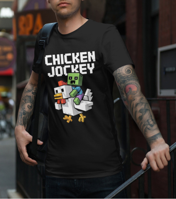 CHICKEN JOCKEY Pixelated Green Zombie Riding White Chicken T-Shirt