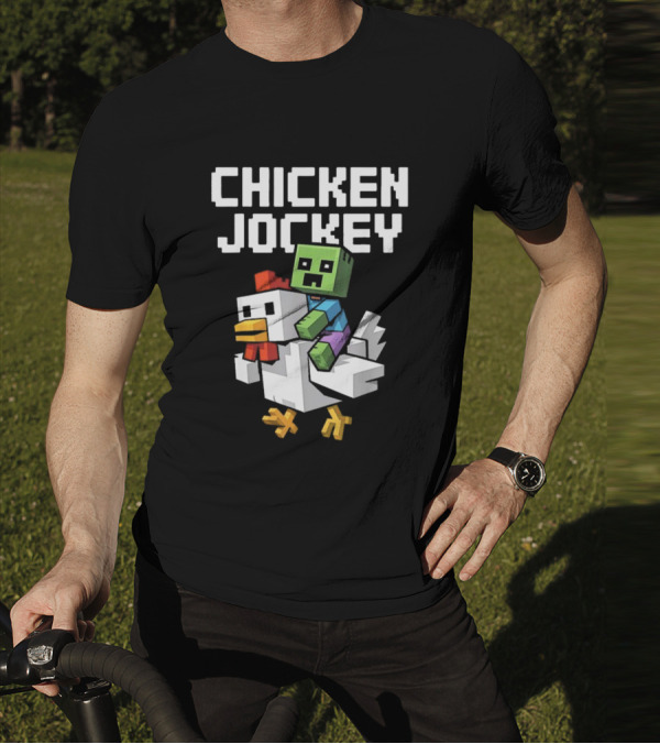 CHICKEN JOCKEY Pixelated Green Zombie Riding White Chicken T-Shirt