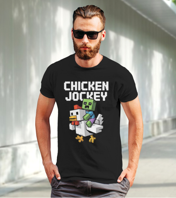 CHICKEN JOCKEY Pixelated Green Zombie Riding White Chicken T-Shirt