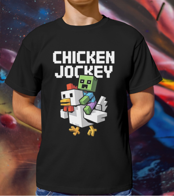 CHICKEN JOCKEY Pixelated Green Zombie Riding White Chicken T-Shirt