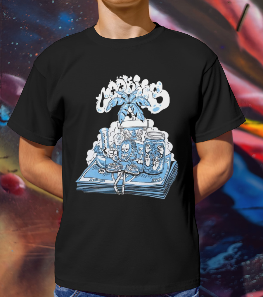 Cookiessf Laid Back Smoking Character With Money And Marijuana Elements T-Shirt