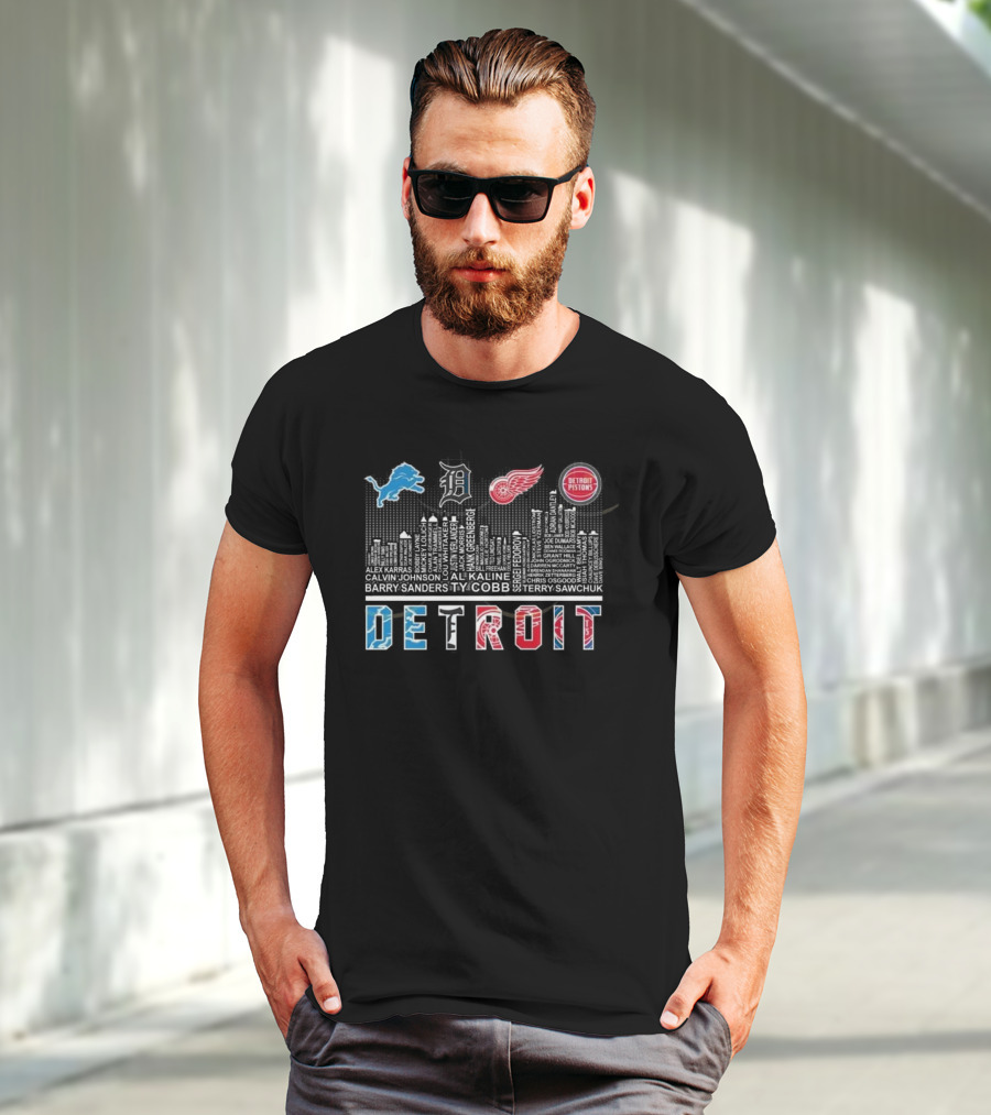 Detroit Lions X Detroit Tigers X Detroit Red Wings X Detroit Pistons Skyline 2025 T-Shirt