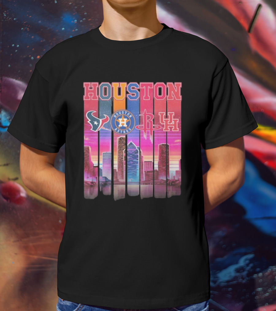 Houston Retro Skyline Texans Astros Rockets And Cougars T-Shirt