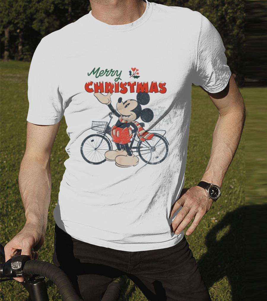 Mickey Mouse Merry Christmas Bicycle Holiday Cheer T-Shirt