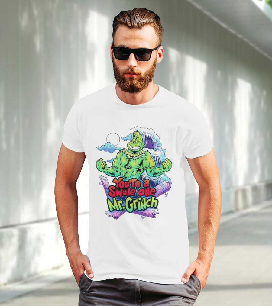 You’re A Swole One Mr Grinch Fitness Muskula Green Character With Frosted Mountain Background T-Shirt
