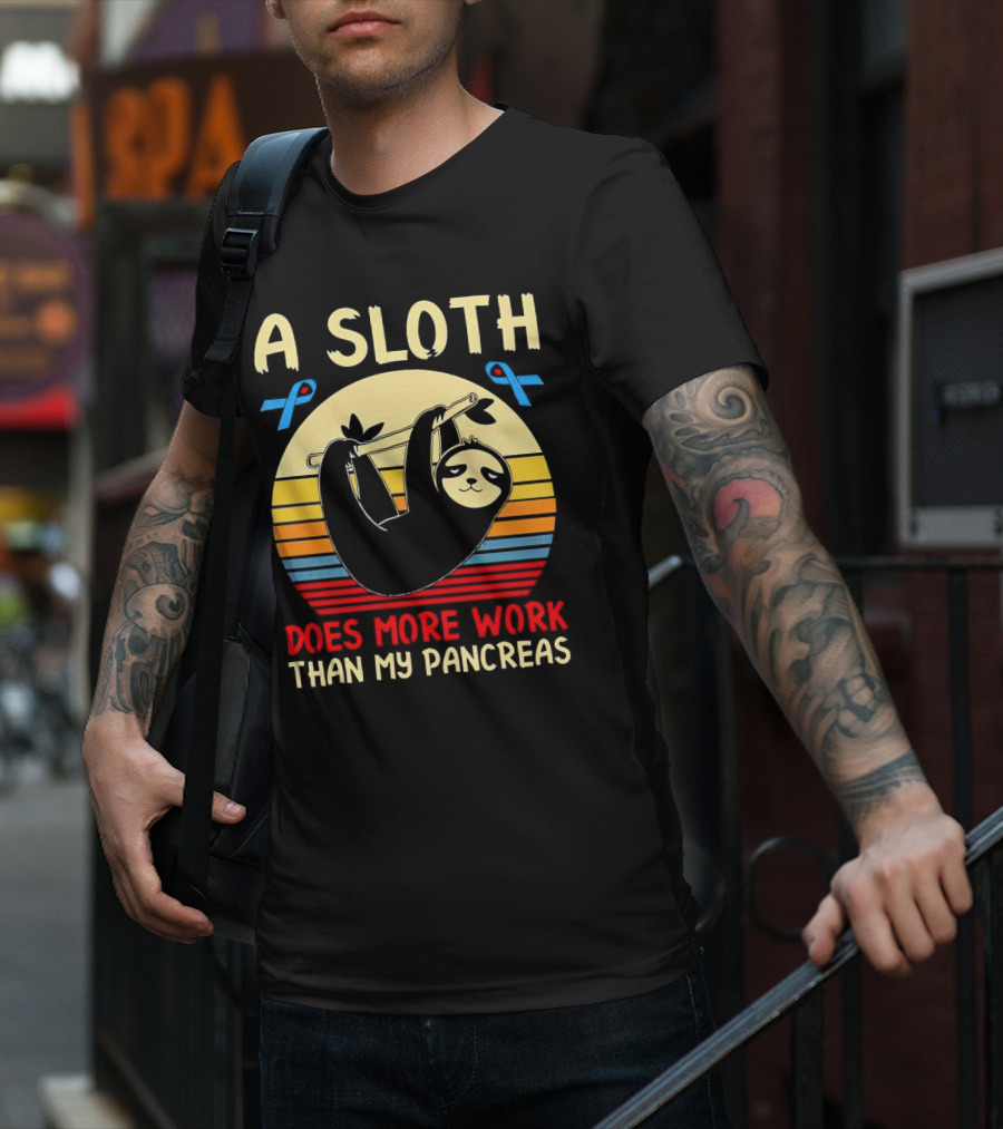A Sloth Does More Work Than My Pancreas Vintage Style With Blue Diabetes Awareness Ribbons T-Shirt