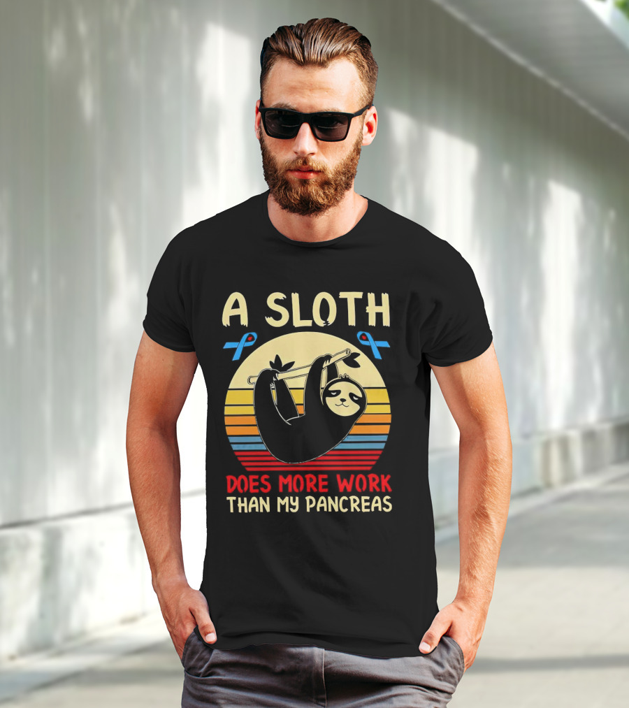 A Sloth Does More Work Than My Pancreas Vintage Style With Blue Diabetes Awareness Ribbons T-Shirt
