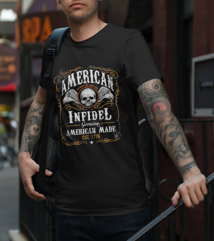 American Infidel Genuine American Made Est 1776 Skull Wings T-Shirt