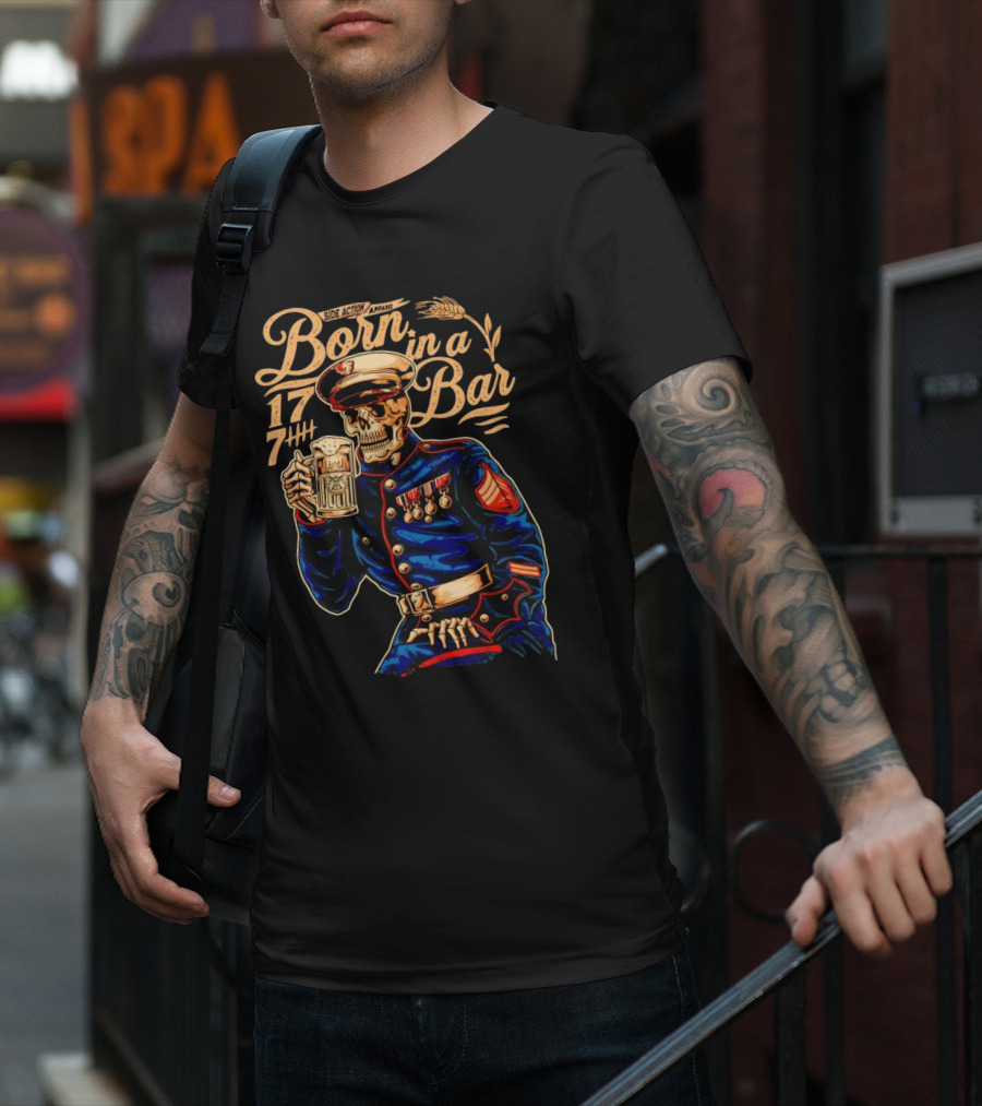 Side Action Apparel Born In A Bar 1774 Skeleton Marine Drinking Beer T-Shirt