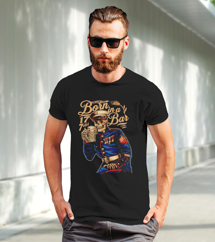 Side Action Apparel Born In A Bar 1774 Skeleton Marine Drinking Beer T-Shirt