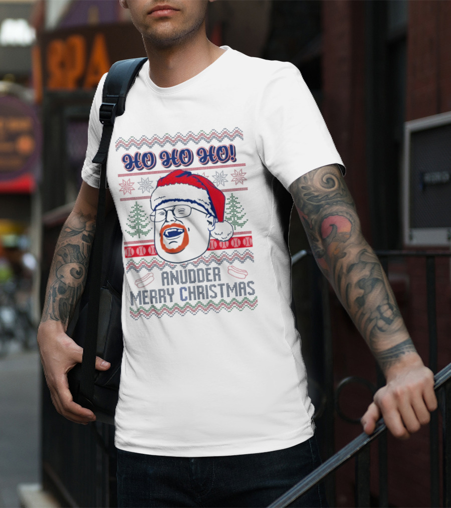 HO HO HO Anudder Merry Christmas Ugly Santa Beard Trees Snowflakes Sausages T-Shirt