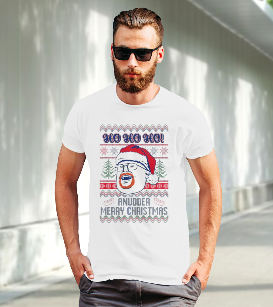 HO HO HO Anudder Merry Christmas Ugly Santa Beard Trees Snowflakes Sausages T-Shirt