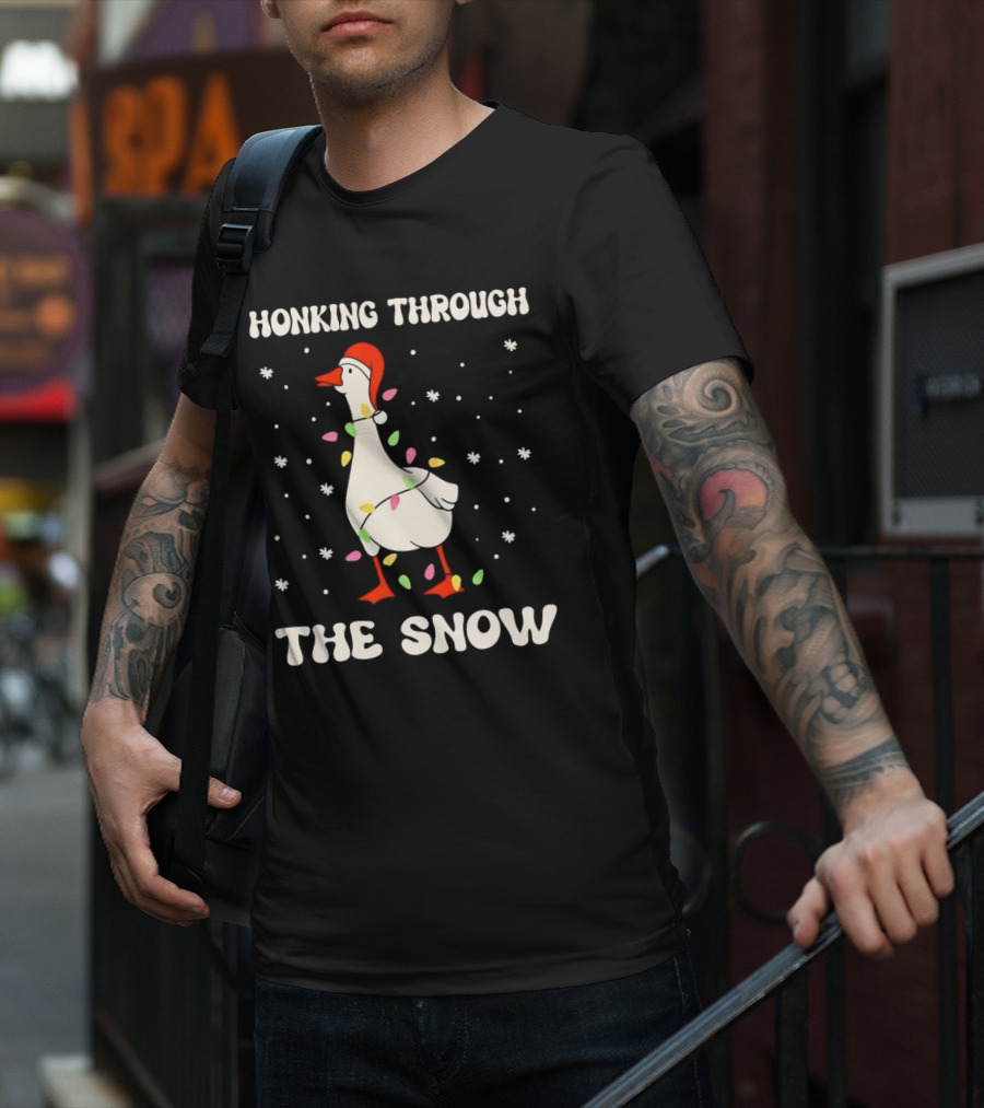 Honking Through The Snow Goose Wrapped In Christmas Lights T-Shirt