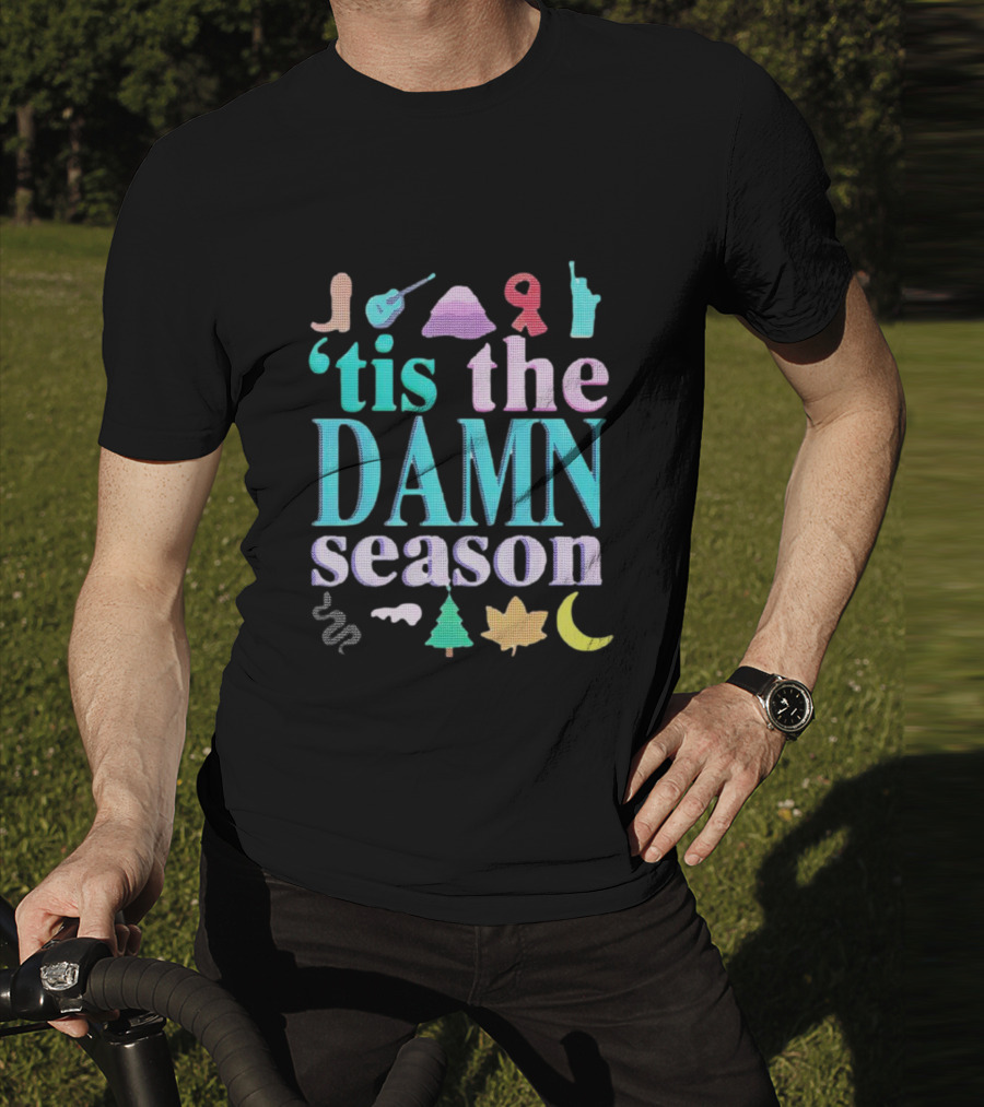 Tis The Damn Season Christmas Cowboy Boot Guitar Tree Moon T-Shirt