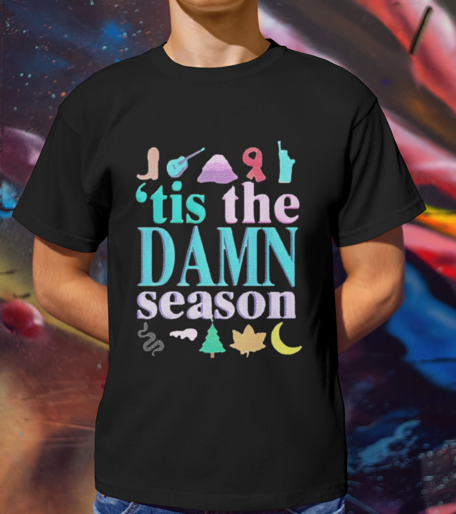 Tis The Damn Season Christmas Cowboy Boot Guitar Tree Moon T-Shirt