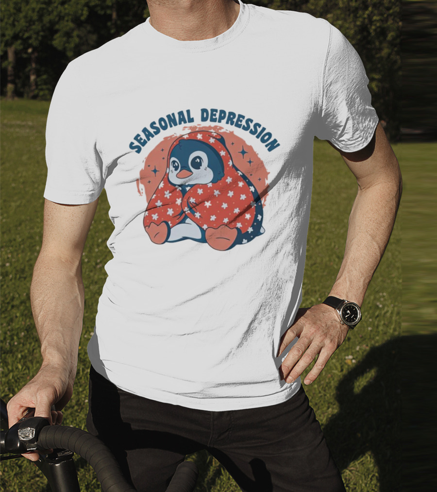 Seasonal Depression Penguin In Cozy Blanket With Stars And Flowers T-Shirt