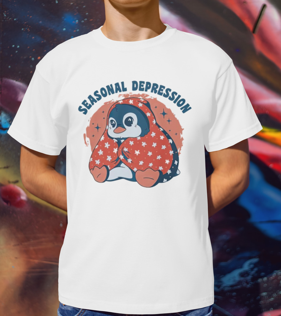 Seasonal Depression Penguin In Cozy Blanket With Stars And Flowers T-Shirt