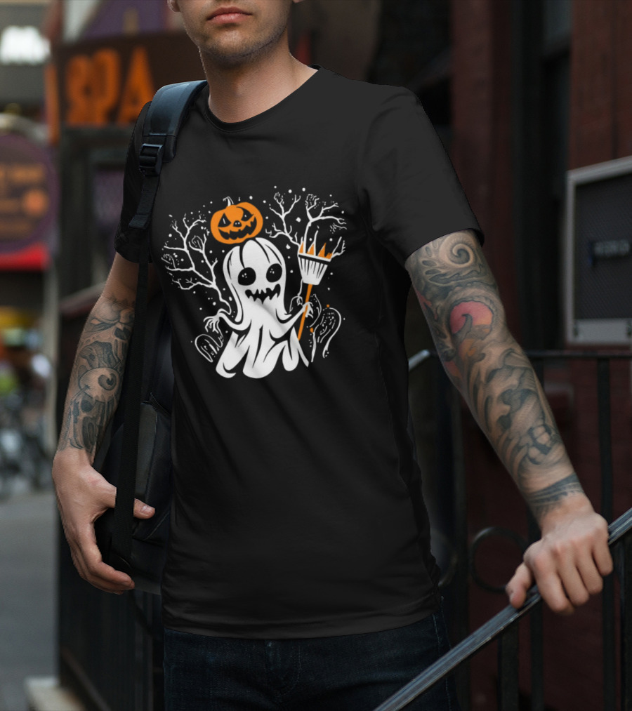 Pumpkin King Halloween Ghost With Broomstick T-Shirt