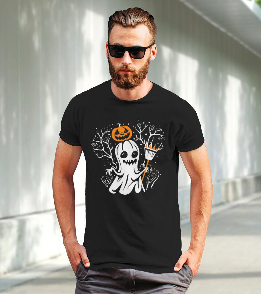 Pumpkin King Halloween Ghost With Broomstick T-Shirt