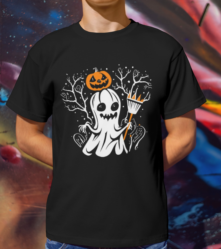 Pumpkin King Halloween Ghost With Broomstick T-Shirt