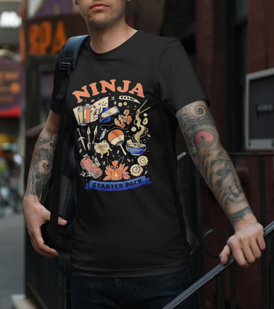 Ninja Starter Pack Kunai Scrolls Shuriken Ramen Chopsticks Anime Fox Pokeball T-Shirt