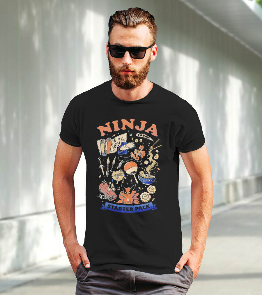 Ninja Starter Pack Kunai Scrolls Shuriken Ramen Chopsticks Anime Fox Pokeball T-Shirt