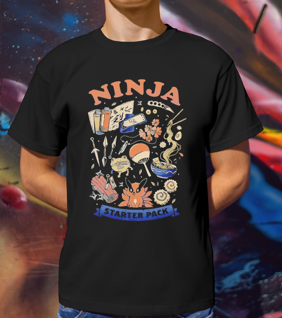 Ninja Starter Pack Kunai Scrolls Shuriken Ramen Chopsticks Anime Fox Pokeball T-Shirt