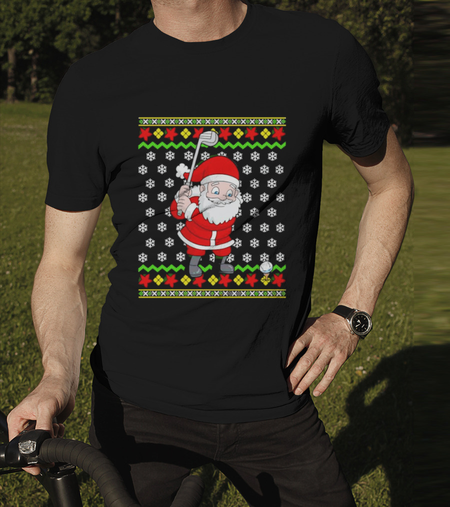 Santa Golfing Christmas Snowflakes Ugly T-Shirt