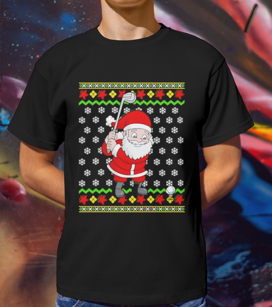 Santa Golfing Christmas Snowflakes Ugly T-Shirt