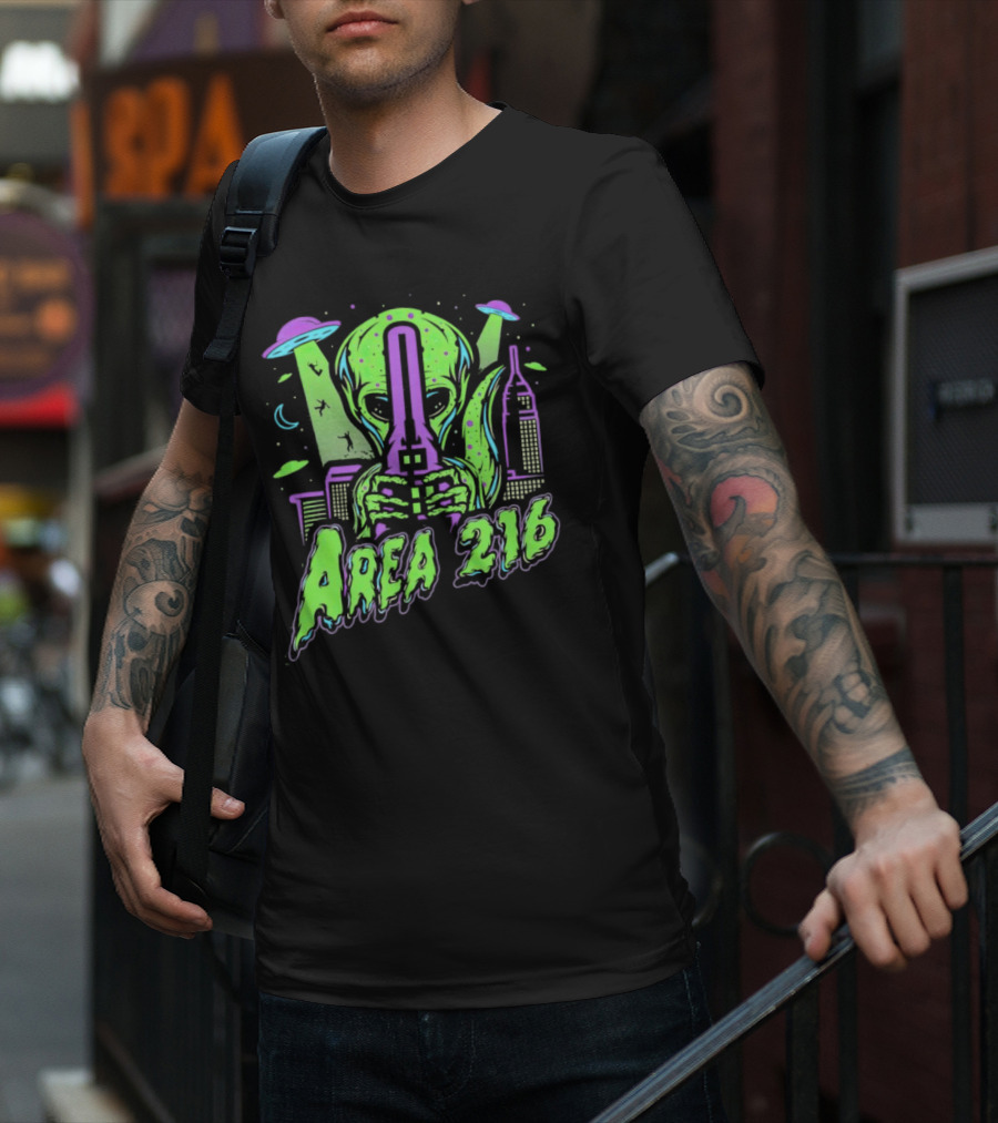 Area 216 Alien UFO City Skyline Neon T-Shirt