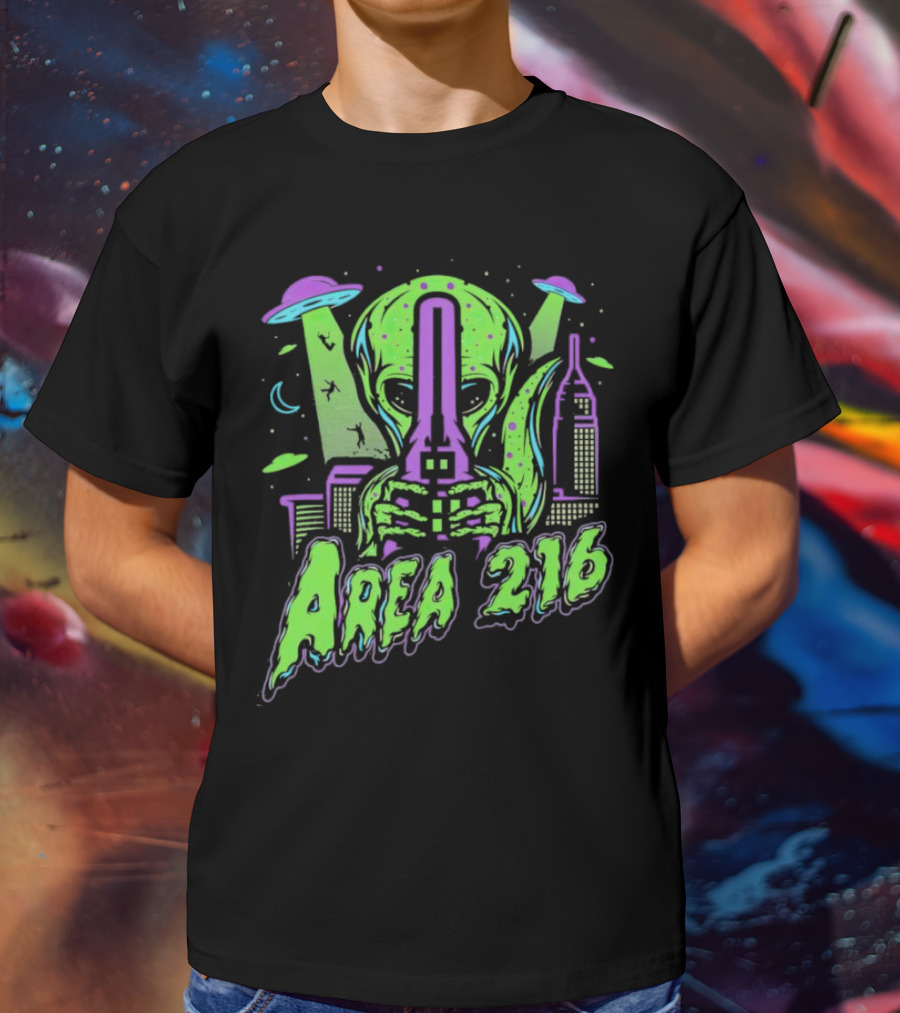 Area 216 Alien UFO City Skyline Neon T-Shirt