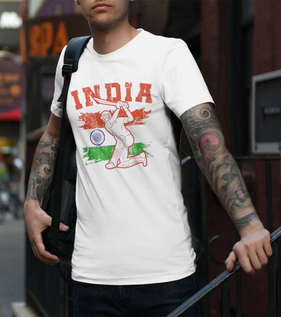India Cricket Enthusiasts Batting Action With Ashoka Chakra T-Shirt