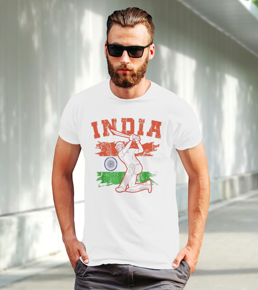 India Cricket Enthusiasts Batting Action With Ashoka Chakra T-Shirt