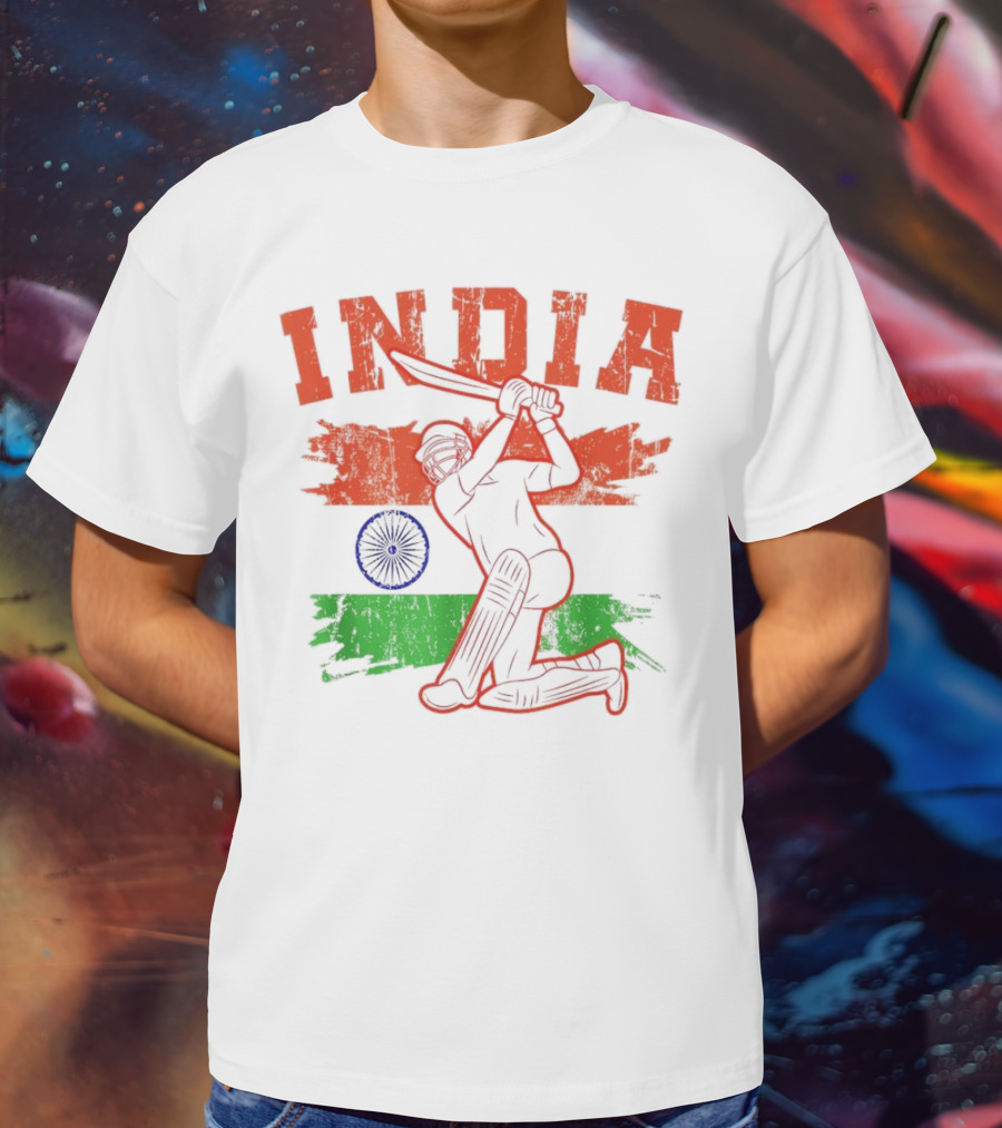 India Cricket Enthusiasts Batting Action With Ashoka Chakra T-Shirt
