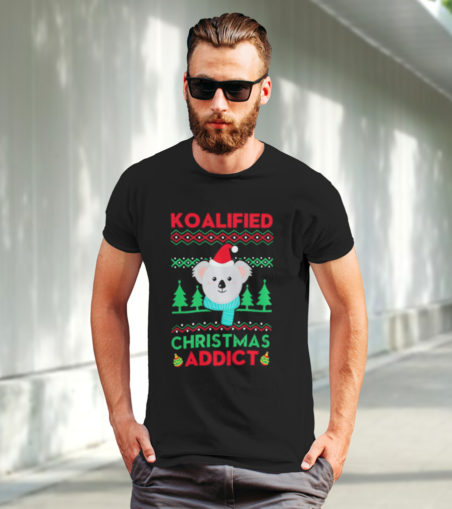 Koalified Koala Christmas Addict Ugly Sweater Style Design With Santa Hat And Christmas Trees T-Shirt