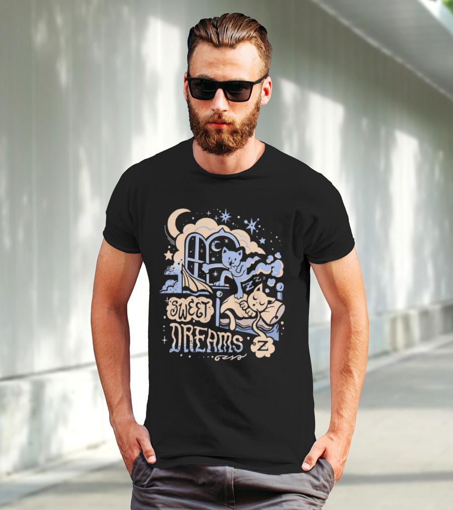 Sweet Dreams Dreaming Cat Under Moon And Stars T-Shirt