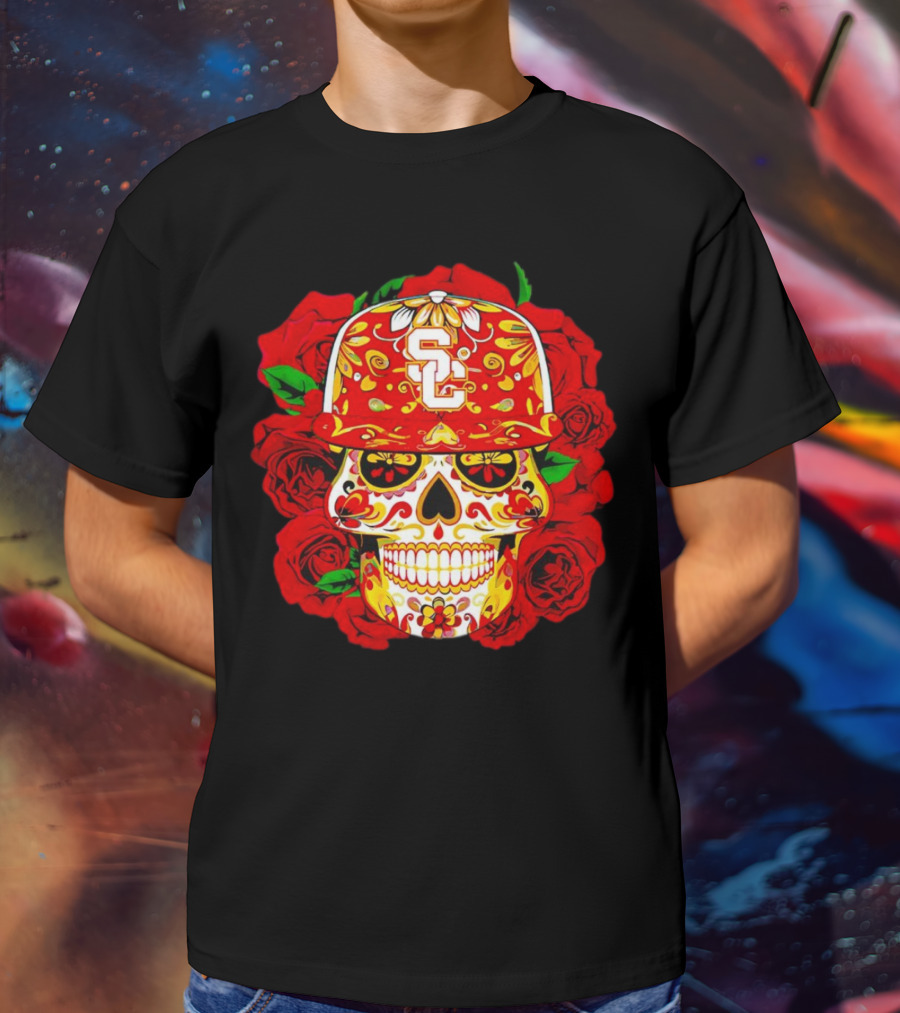 USC Sugar Skull With Roses And Cap T-Shirt
