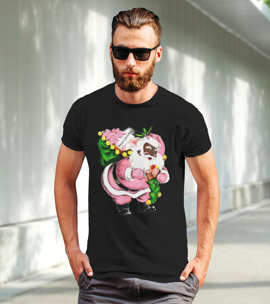 Merry Christmas Pink African-American Black Santa Claus With Gifts T-Shirt